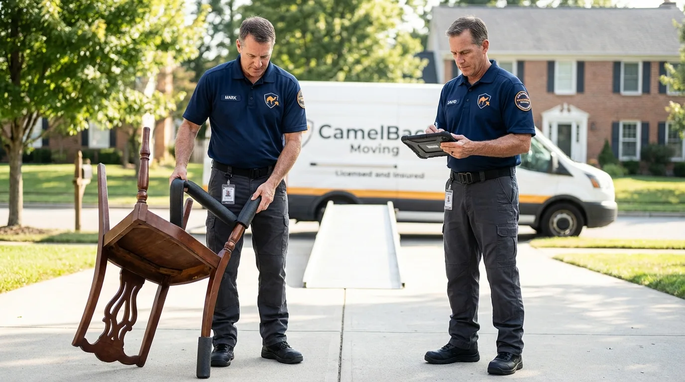 Movers inspecting furniture for damage prevention before loading in Bridport, VT