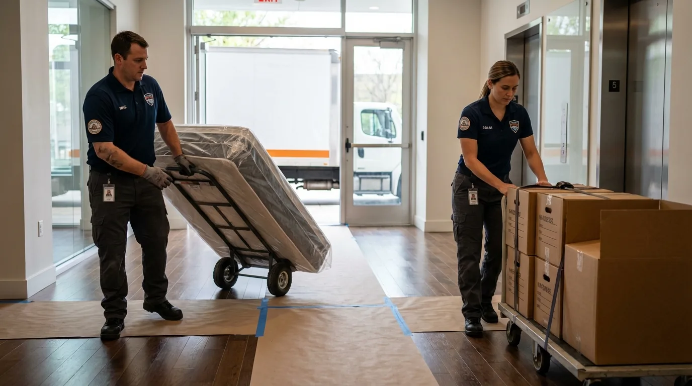 Professional apartment movers loading elevator in Bridport, VT